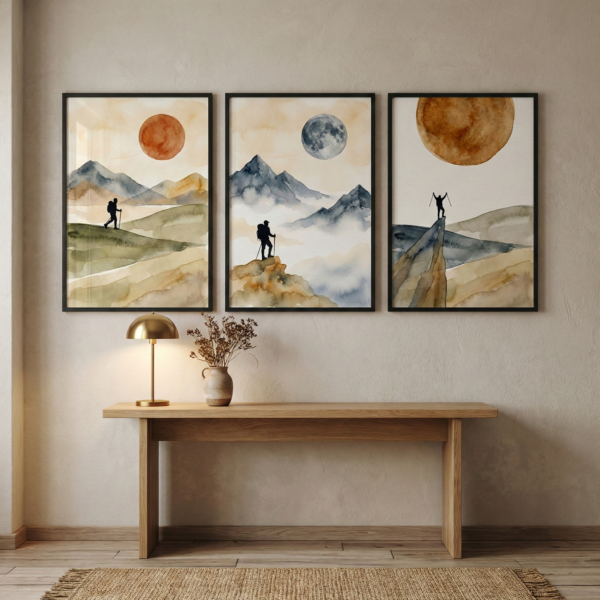A triptych of framed watercolor-style artworks is centered on a light-textured wall. Each piece features a silhouetted hiker amidst a mountain landscape under a large celestial body. The left image shows a hiker walking towards mountains under a red sun. The middle image depicts a hiker standing on a rocky outcrop surrounded by misty blue mountains under a textured moon. The right image shows a hiker with arms raised in celebration atop a peak under a large, golden sun. 