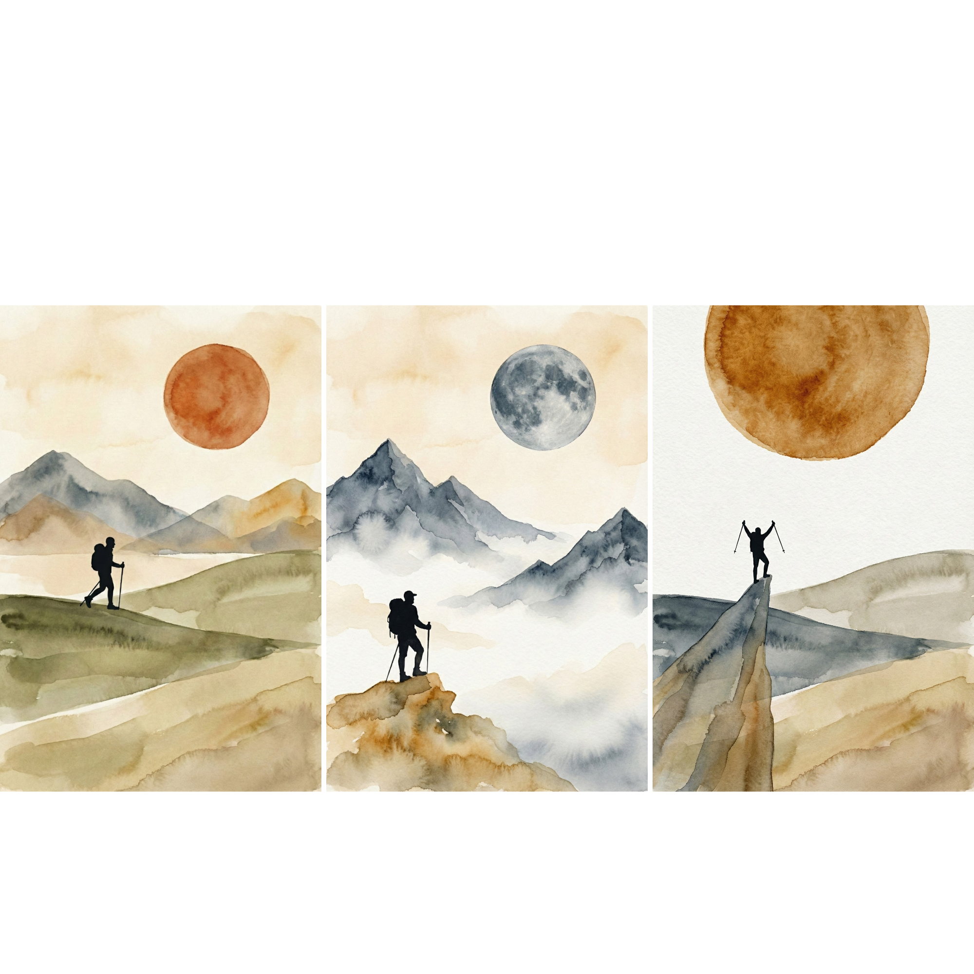  Watercolor artwork of a hiker standing on a rocky peak overlooking misty mountain ranges under a pale blue full moon. The muted blues and warm neutrals emphasize solitude and exploration.

