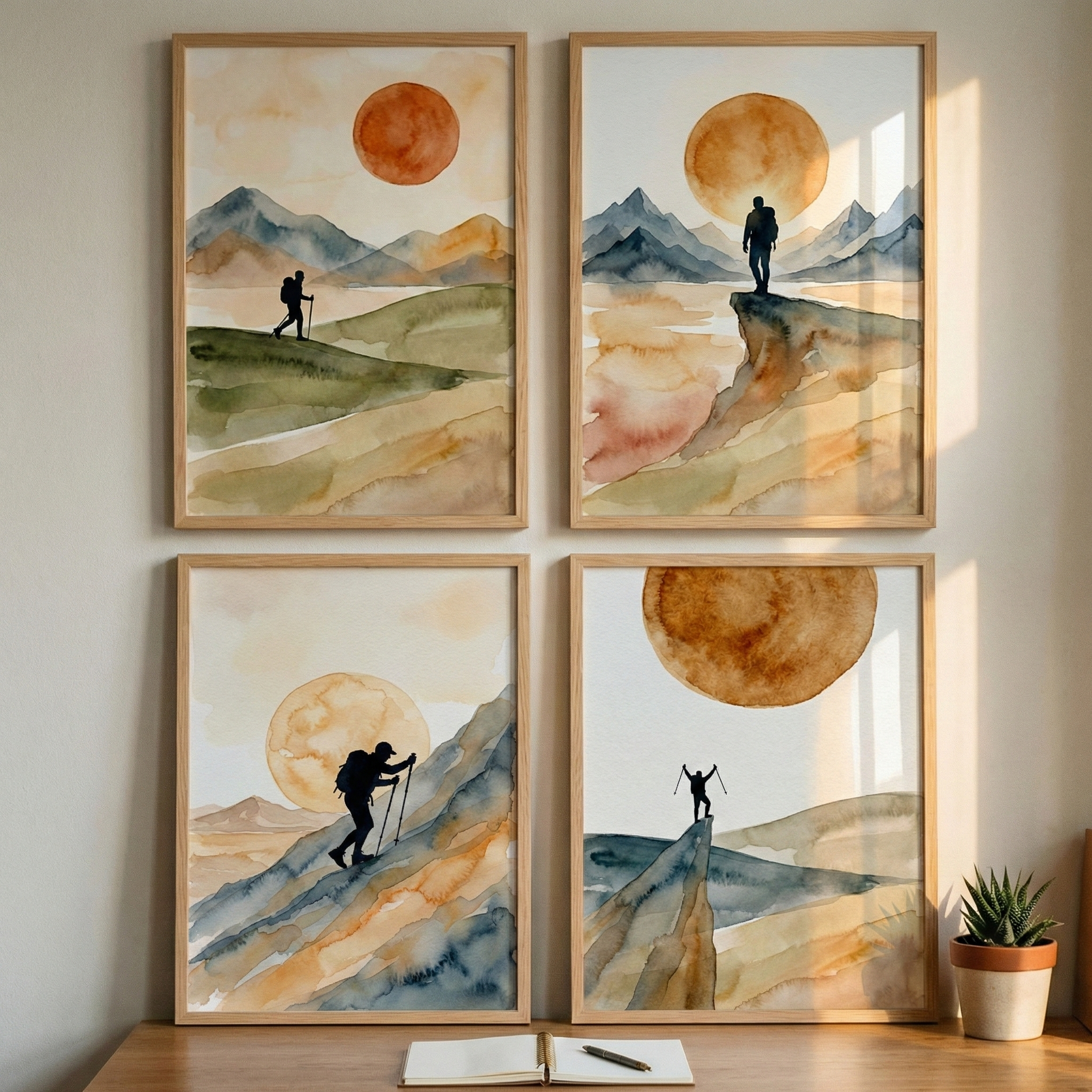 Four framed watercolor illustrations are displayed in a two-by-two grid against a light wall. Each artwork depicts a minimalist mountain landscape featuring the silhouette of a hiker and a large, textured celestial body in the sky. The color palette is composed of earthy ochre, warm orange, and muted blues and greens.

