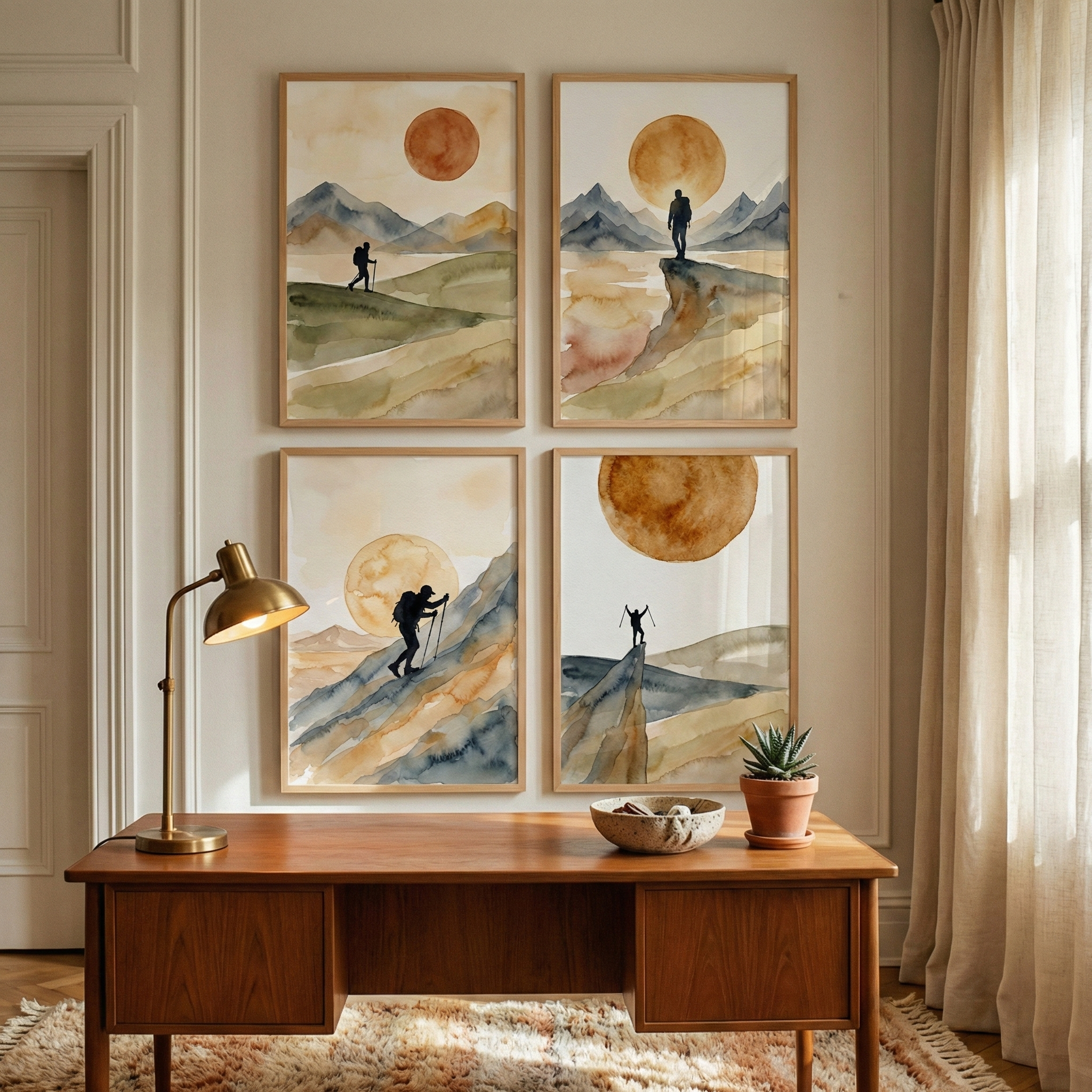 A warmly lit interior scene shows a wooden desk positioned against a neutral wall decorated with four matching wood-framed artworks. Each framed piece depicts a minimalist watercolor illustration featuring the silhouette of a hiker exploring mountain landscapes under a large, circular sun or moon in earthy tones of gold, brown, and blue. A brass desk lamp illuminates the left side of the desk, while a small bowl and a potted succulent sit on the right. Soft curtains hang nearby.