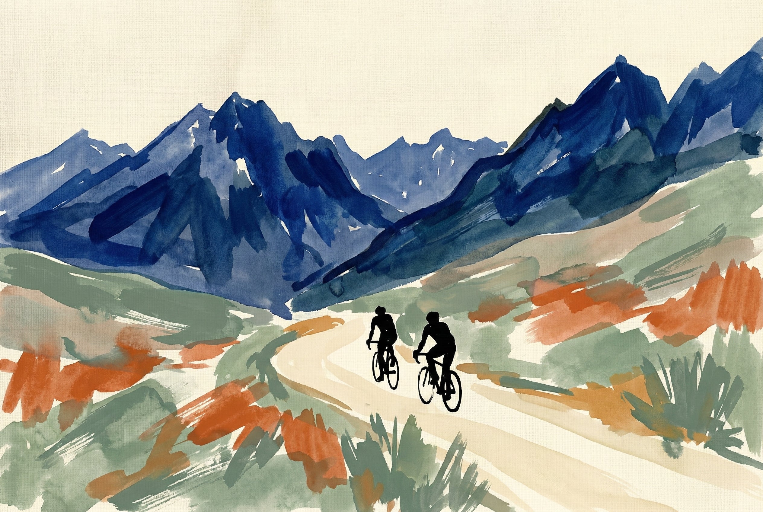 Two cyclists ride along a winding trail through a colorful mountain valley, surrounded by peaks in deep blue and hills dotted with orange and green foliage.
