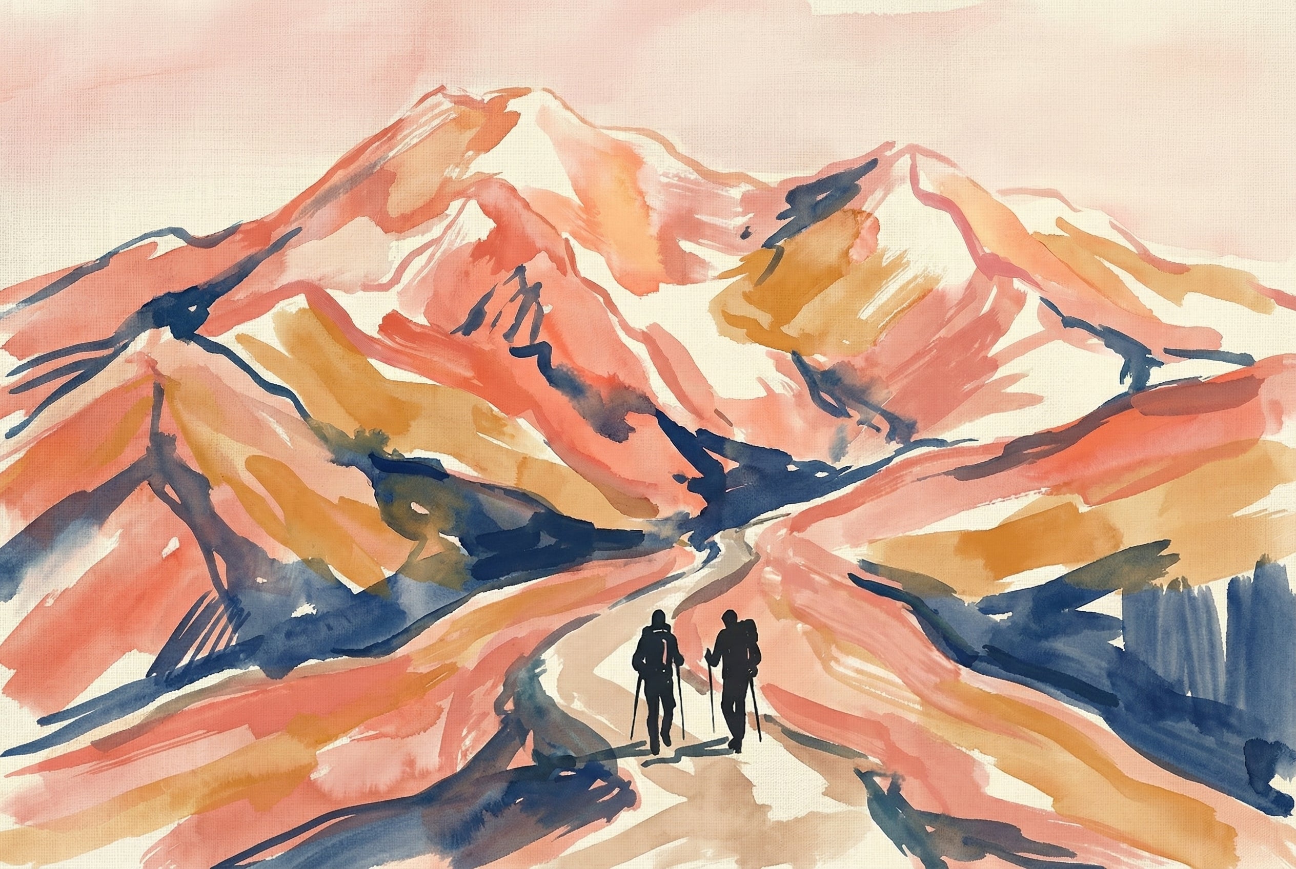 Two hikers with trekking poles walk toward towering snow-streaked mountain peaks, surrounded by swirling watercolor washes in pink, orange, and deep blue.
