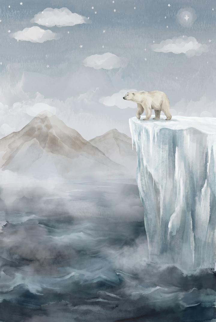 A polar bear stands on an icy cliff in this mountain polar bear wall art overlooking misty waves and distant peaks.