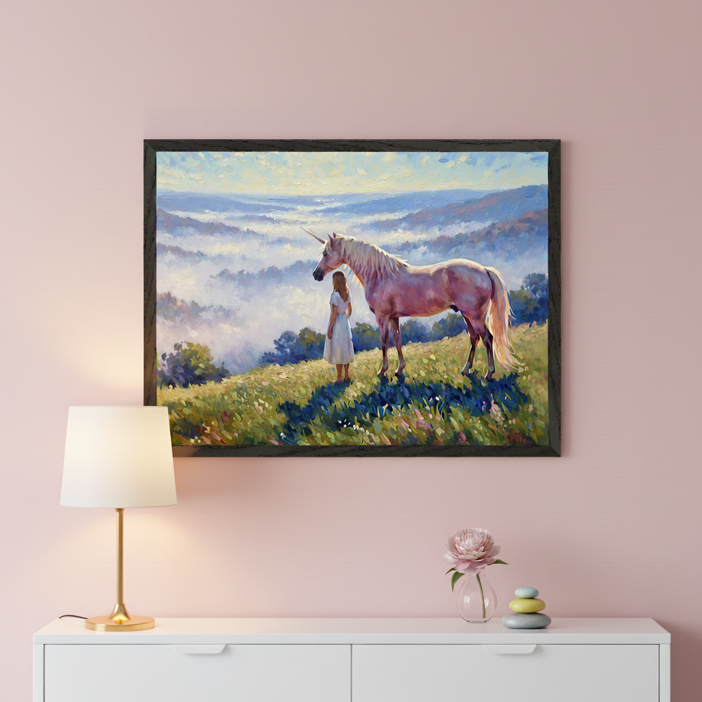 Modern room with a pink wall and a white dresser. A large framed painting hangs centered above the dresser, depicting a girl and a unicorn on a grassy hill overlooking a misty valley in an impressionistic style. A gold lamp is on the dresser.
