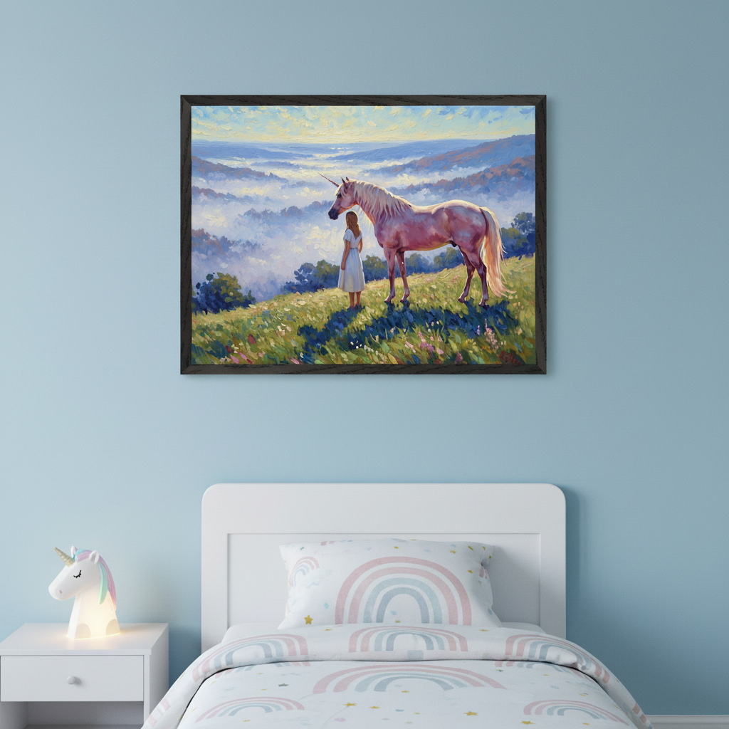 Kid's bedroom with a white bed and nightstand. A framed decor of a girl and a unicorn on a grassy hill with misty mountains in the background hangs above the bed. Rainbow bedding and a glowing unicorn lamp on the nightstand.