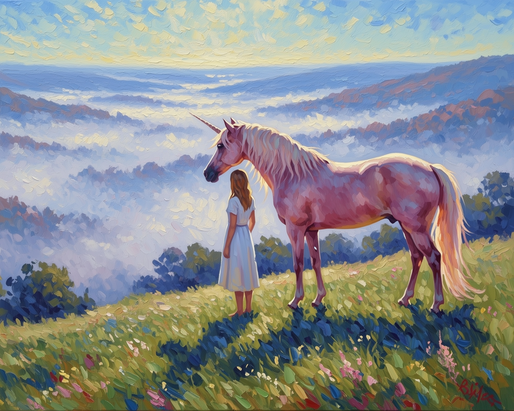 A young girl in a white dress stands beside a majestic pink unicorn on a grassy hilltop, overlooking a misty valley with rolling hills. The sky is painted with soft, pastel colors, adding to the serene and magical atmosphere.