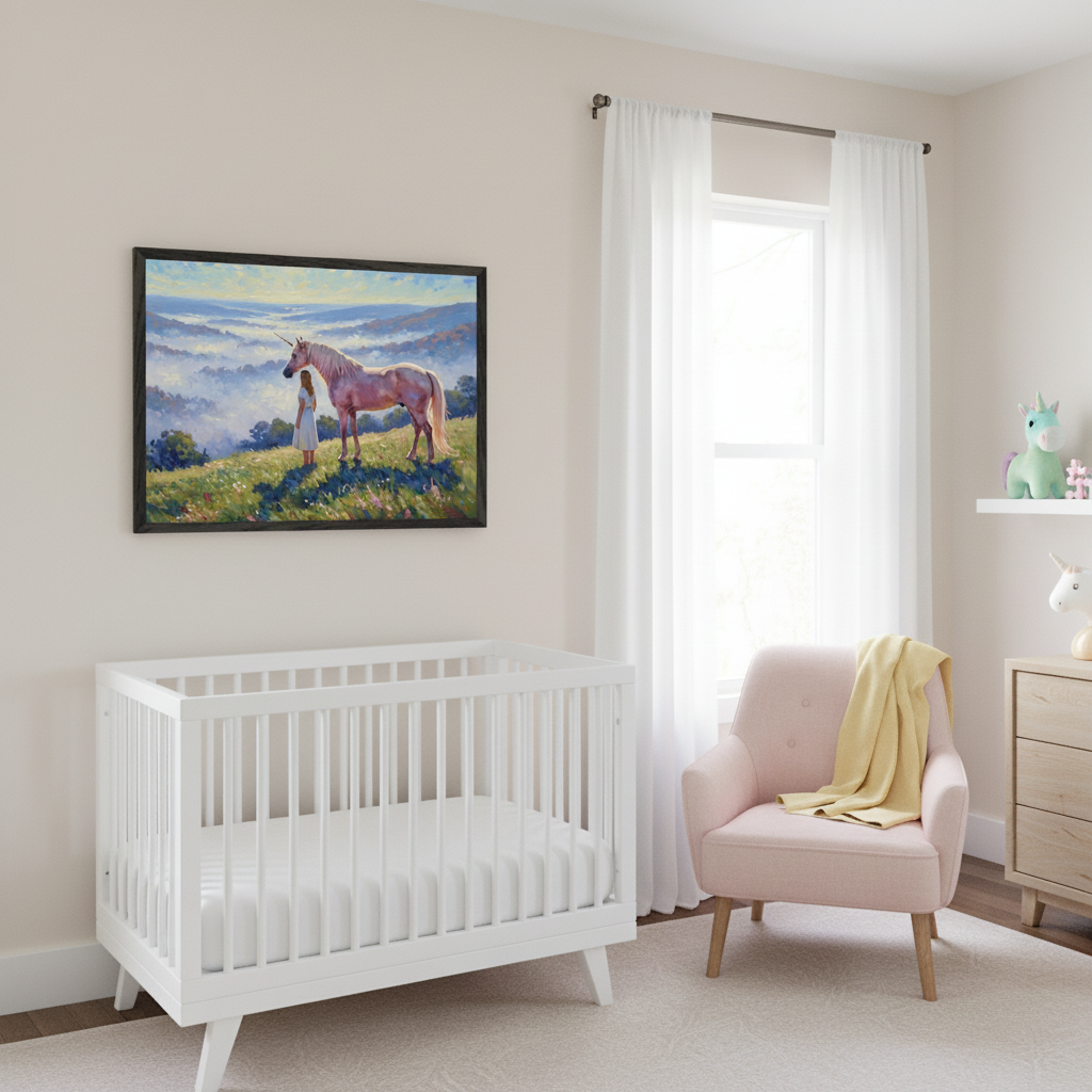 Modern nursery with a white crib, pink armchair, and light wood dresser. A framed artwork of a girl with a unicorn in a misty landscape hangs above the crib.