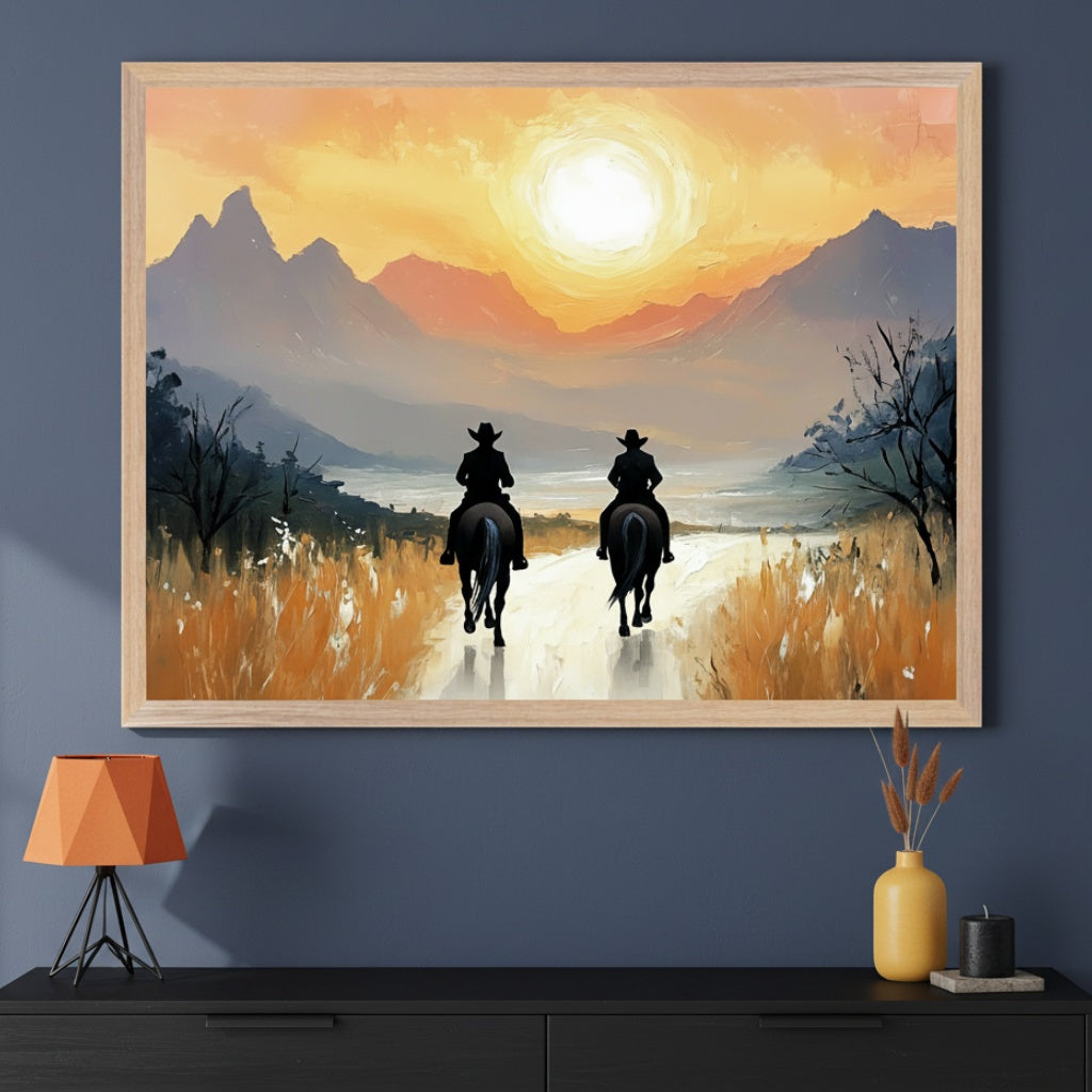 Modern room with a large framed painting above a black dresser. The painting shows two silhouetted cowboys on horses riding away from the viewer on a path towards a bright sunset with mountains, in an impressionistic style.