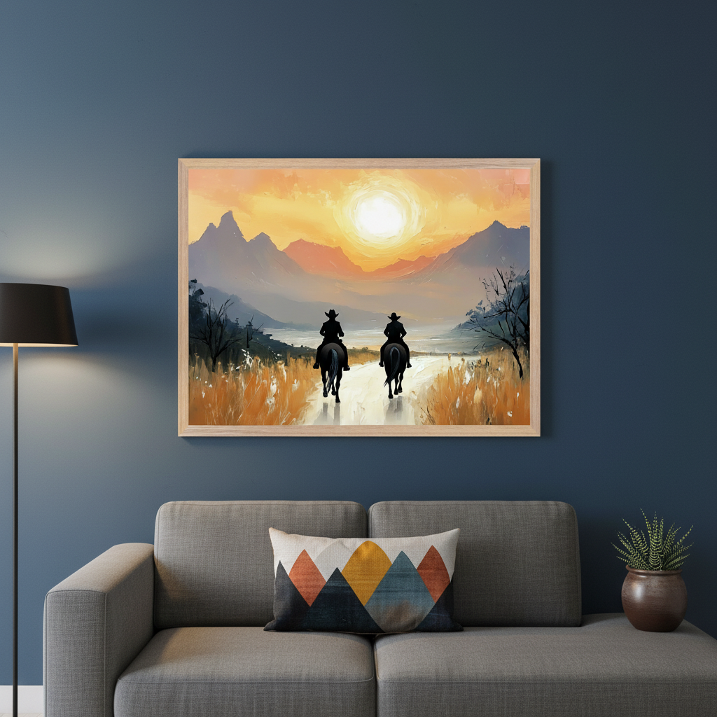 Modern living room with a gray sofa, floor lamp, and a potted plant. A large framed impressionistic painting hangs centered above the sofa, depicting two cowboys on horseback riding towards a vibrant orange sunset over mountains in a grassy landscape.