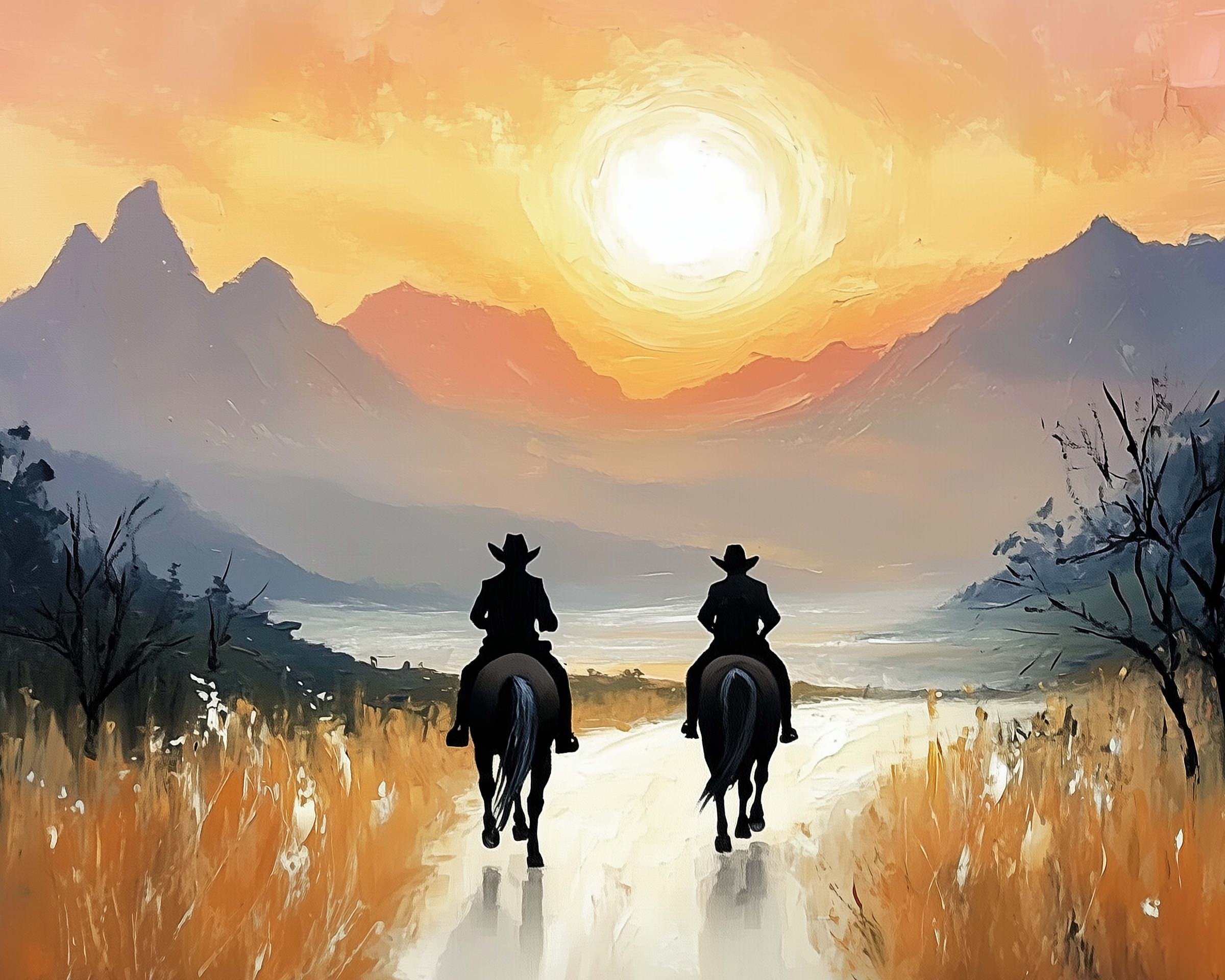 Two cowboys on horseback ride down a dirt path, silhouetted against a vibrant sunset. The sky is painted in warm hues of orange and yellow, with rugged mountains in the background and dry grass lining the path.