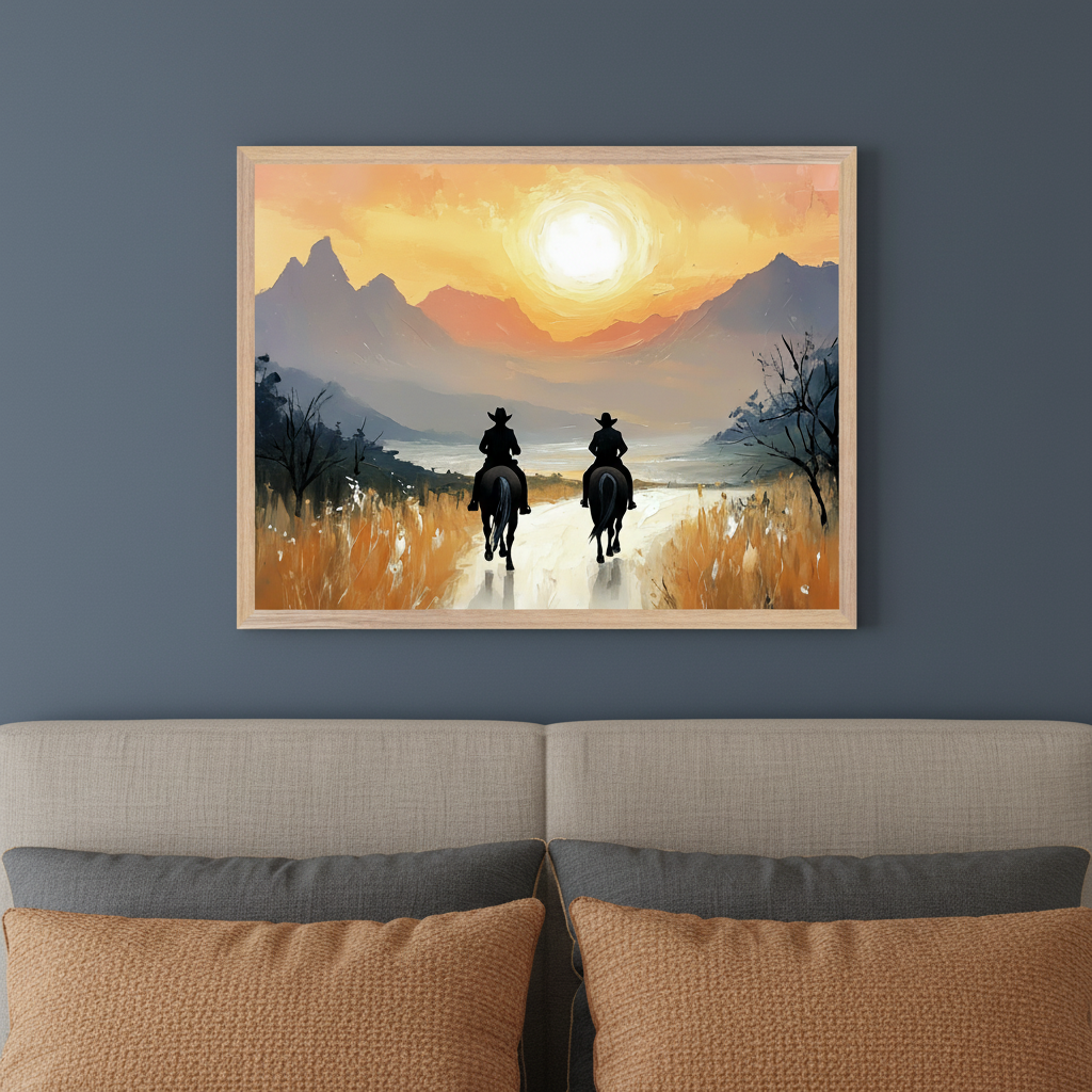 Bedroom with a beige upholstered headboard and gray and orange pillows. A framed impressionistic painting hangs above the bed, depicting two silhouetted figures on horseback on a path, riding towards a bright sunset over mountains and golden fields.