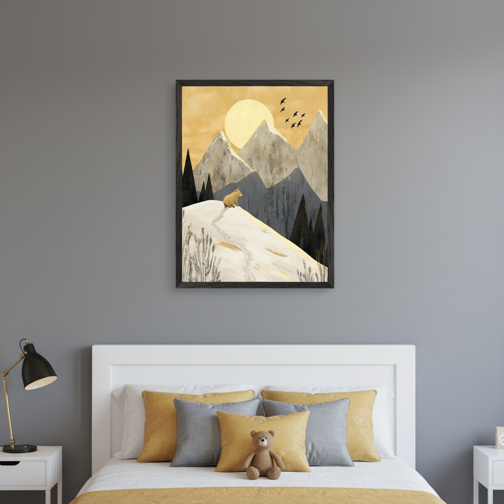 Kid's bedroom with a white bed and yellow/gray pillows. Framed art hangs above the bed, depicting a stylized mountain landscape with a bear on a snowy hill, a large sun, and birds in a golden sky. A nightstand and lamp are on the left.