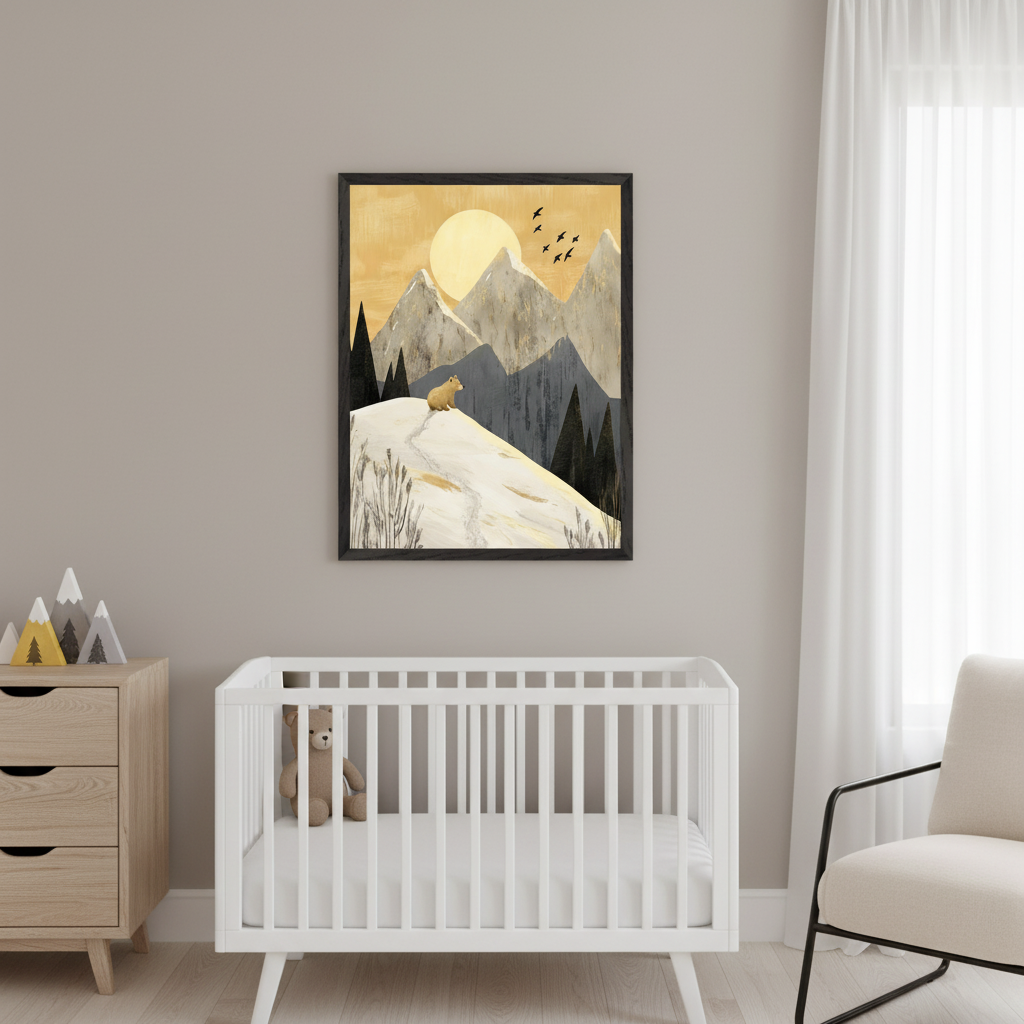Modern nursery with a white crib, wood dresser, and beige armchair. A large framed illustrative print of a mountain landscape with a golden sun, dark trees, snowy hill, a small brown animal, and birds hangs above the crib.