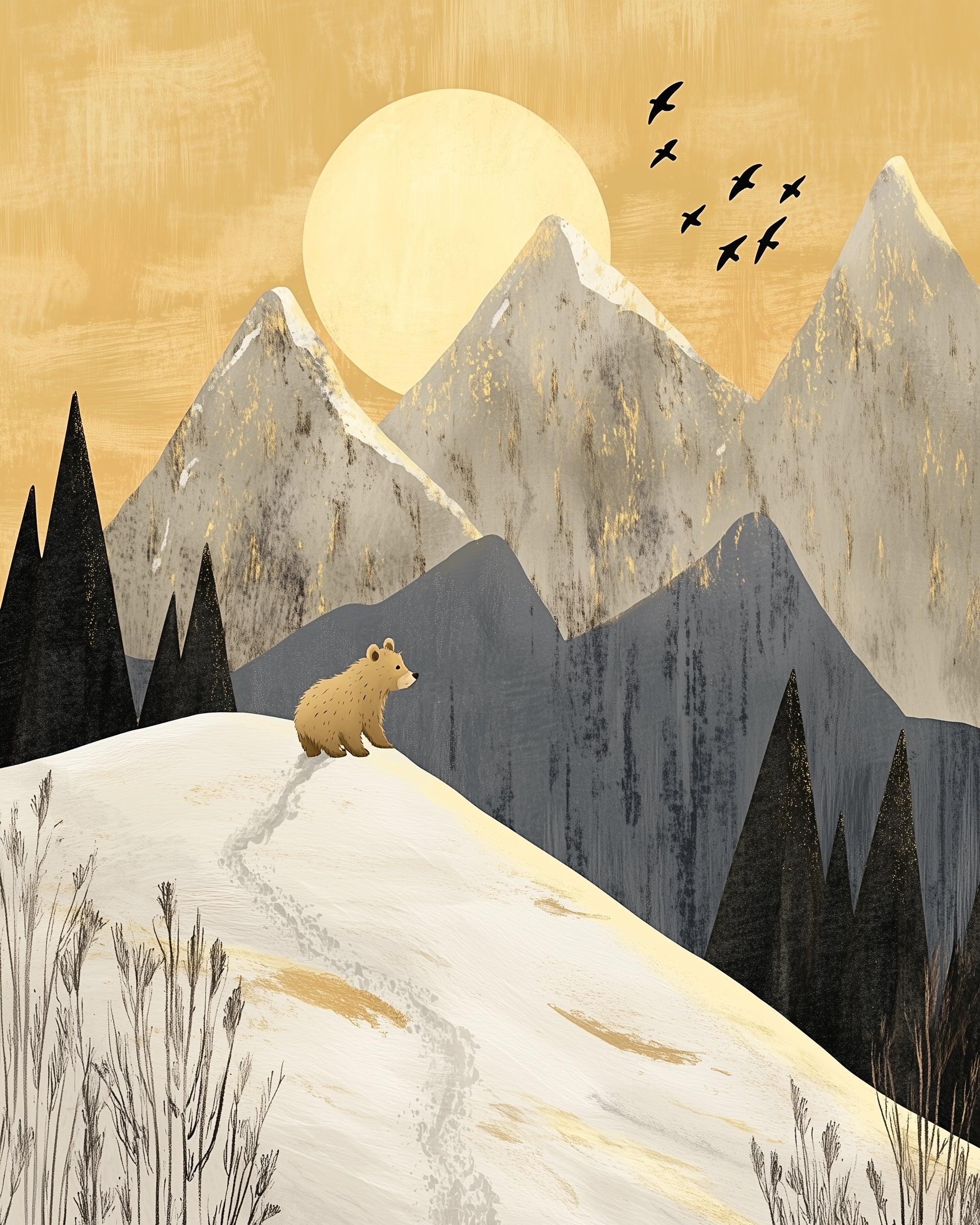 Modern kid's bedroom with a bed and a white bedside table. A framed art print hangs above the bed, depicting a stylized mountain landscape with a golden sun, gray mountains, dark trees, a snow-covered hill with a tan animal, and flying birds.