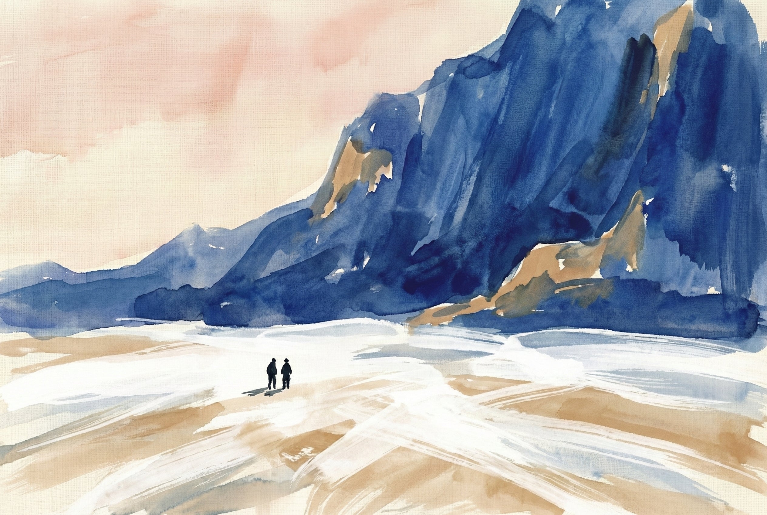 Watercolor scene of two hikers walking across a snowy plain beneath a towering blue and tan cliff, with soft light reflecting off the snow.
