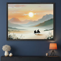 Modern room with a dark console table. A large framed painting of a sunset mountain landscape with two silhouetted horseback riders hangs centered above. A vase of flowers, candle, and lamp are on the table.