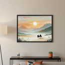 Modern living room with a black console table, gray sofa, and floor lamp. A large framed painting of a sunset over misty mountains and a valley, with two silhouetted horseback riders, hangs above the table.