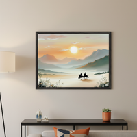 Modern living room with a black console table, gray sofa, and floor lamp. A large framed painting of a sunset over misty mountains and a valley, with two silhouetted horseback riders, hangs above the table.