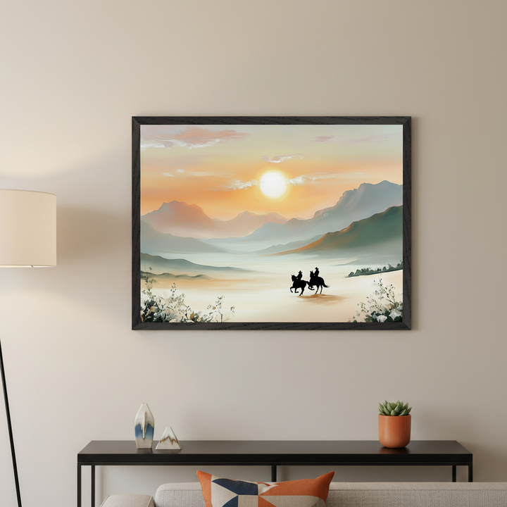 Modern living room with a black console table, gray sofa, and floor lamp. A large framed painting of a sunset over misty mountains and a valley, with two silhouetted horseback riders, hangs above the table.