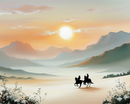 Two silhouetted riders on horseback traverse a vast, serene desert landscape under a glowing sunset, with distant mountains and scattered desert plants adding depth to the scene.
