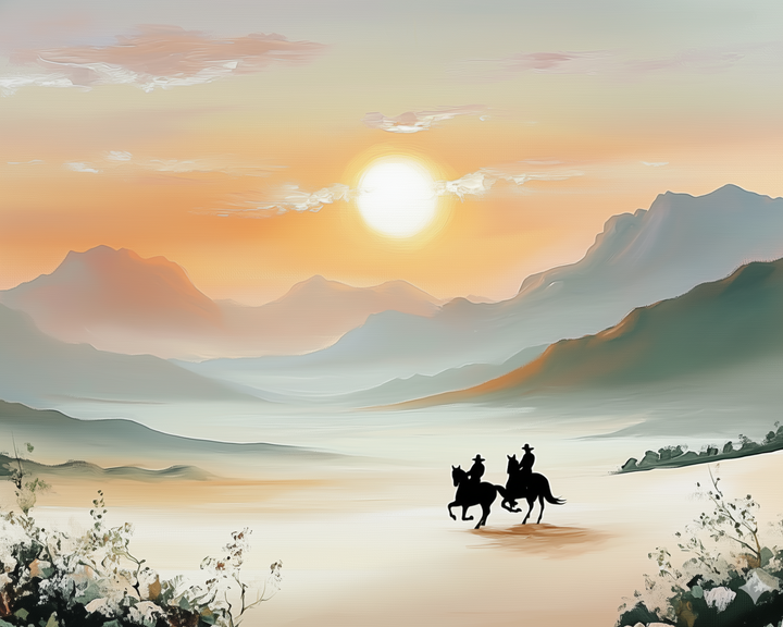 Two silhouetted riders on horseback traverse a vast, serene desert landscape under a glowing sunset, with distant mountains and scattered desert plants adding depth to the scene.