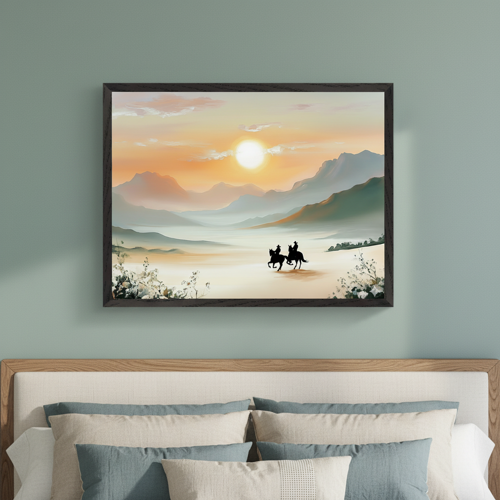 Modern bedroom with a muted green wall and a bed with a light wood headboard and neutral pillows. A large framed painting depicting a vibrant sunset over mountains with two silhouetted horseback riders hangs centered above the bed.