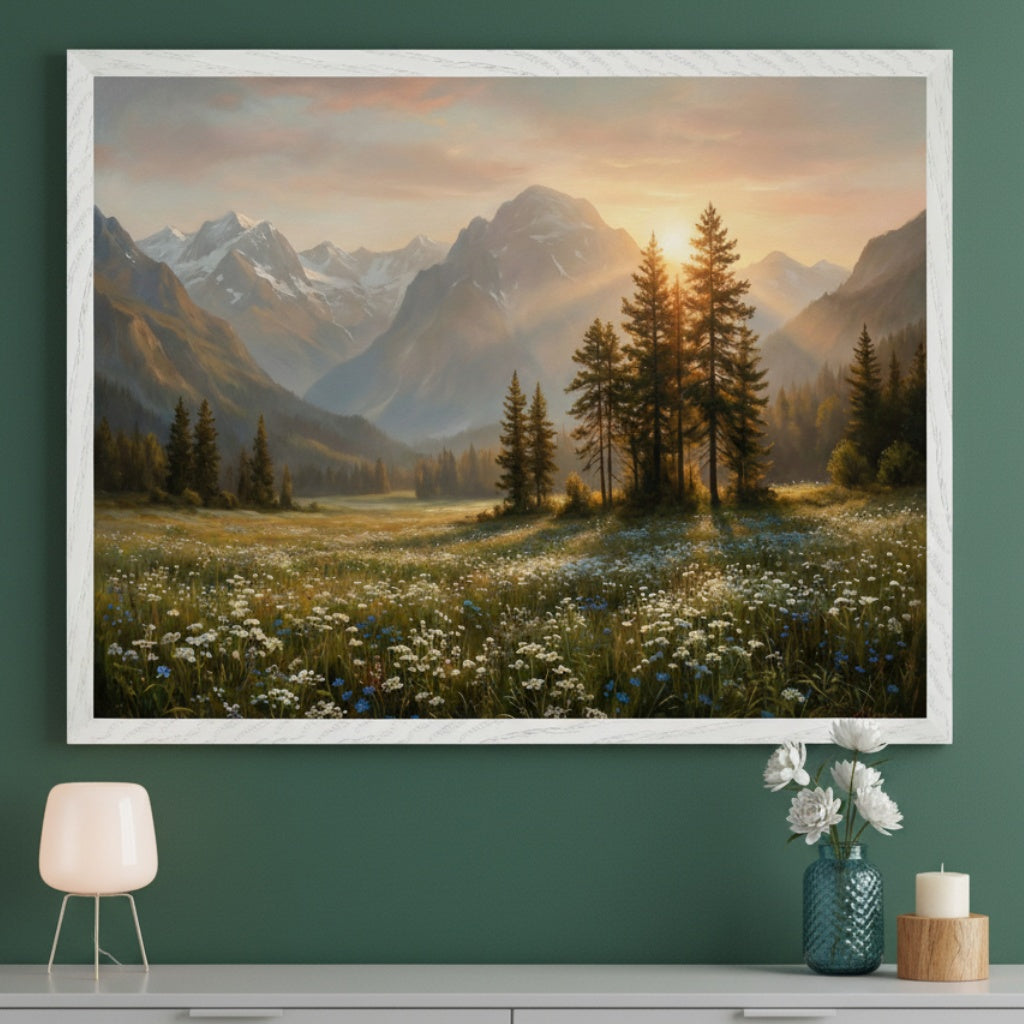 Modern room with a large white-framed painting of a sunset mountain landscape with a wildflower meadow and evergreen trees. It hangs centered above a light grey console table with a lamp and vase of flowers.