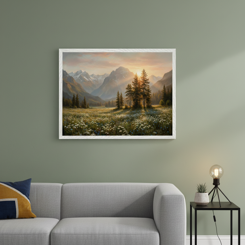 Living room with a grey modular sofa and black side table. A large white-framed realistic painting of a mountain valley with wildflowers, pine trees, and a sunset glow hangs above the sofa on a green wall.