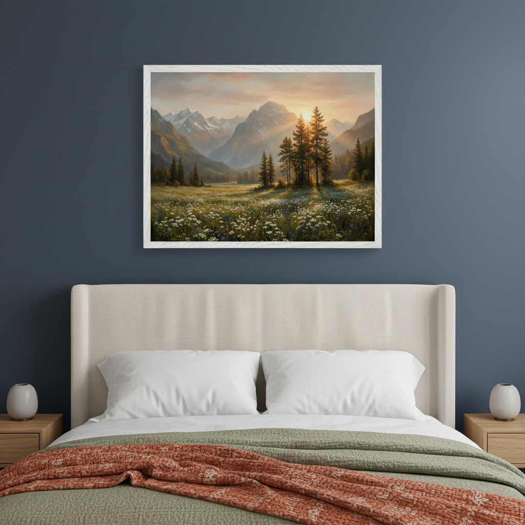 Modern bedroom with an upholstered bed and two nightstands. A framed painting depicting a mountain landscape with a field of wildflowers and pine trees at sunset hangs centered above the bed.