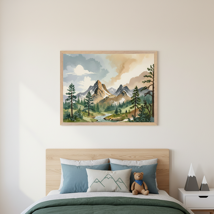 Kid's bedroom with a bed and light wood headboard. A framed watercolor painting of a mountain landscape with pine trees, a river, and clouds hangs centered above the bed. Blue and mountain-embroidered pillows and a teddy bear are on the bed. White nightstand with mountain decor to the right.