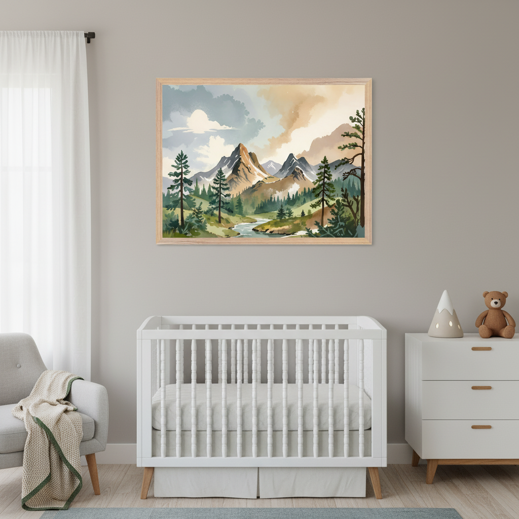 Modern nursery with white curtains, a white crib, gray armchair, and white dresser on a light wood floor. A large framed watercolor painting of a mountain landscape with pine trees and a river hangs above the crib.
