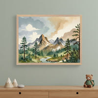 Modern kid's room with a light wood dresser against a sage green wall. A large framed watercolor painting of a mountain landscape with a river and pine trees hangs centered above the dresser. Decorative wooden mountains and a teddy bear are on the dresser.
