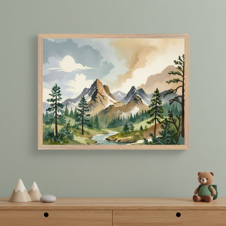 Modern kid's room with a light wood dresser against a sage green wall. A large framed watercolor painting of a mountain landscape with a river and pine trees hangs centered above the dresser. Decorative wooden mountains and a teddy bear are on the dresser.
