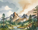 A serene watercolor landscape depicts majestic mountains with snow-capped peaks under a partly cloudy sky. A gentle river winds through lush green hills dotted with tall pine trees, creating a tranquil and picturesque scene.
