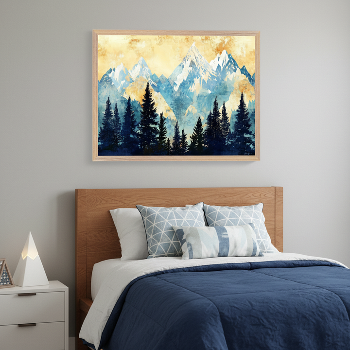 Modern bedroom with a wooden bed and blue bedding. A large framed watercolor painting of blue mountains and dark evergreen trees under a yellow sky hangs above the bed. A white nightstand with a pyramid lamp is on the left.