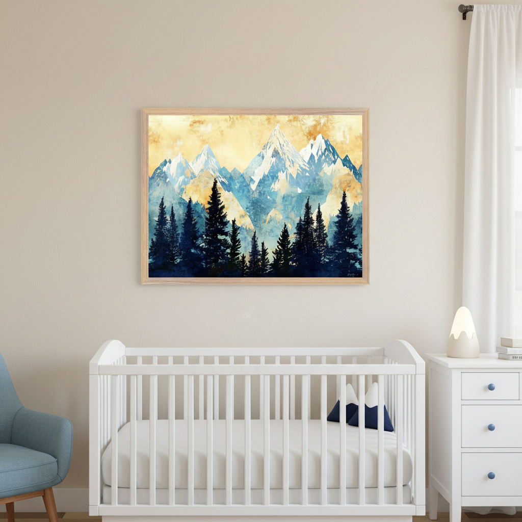Modern nursery with a white crib and dresser. A large framed watercolor-style print of blue and white mountains with dark pine trees against a yellow sky hangs above the crib. A light blue armchair is on the left.
