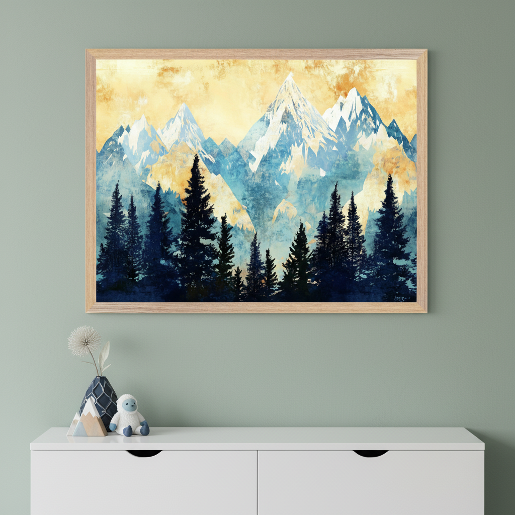 Modern kid's room with a white dresser against a sage green wall. A large framed print of abstract, snow-capped blue mountains and dark evergreen trees under a yellow sky hangs centered above the dresser. A yeti plush and decorative vase are on the dresser.