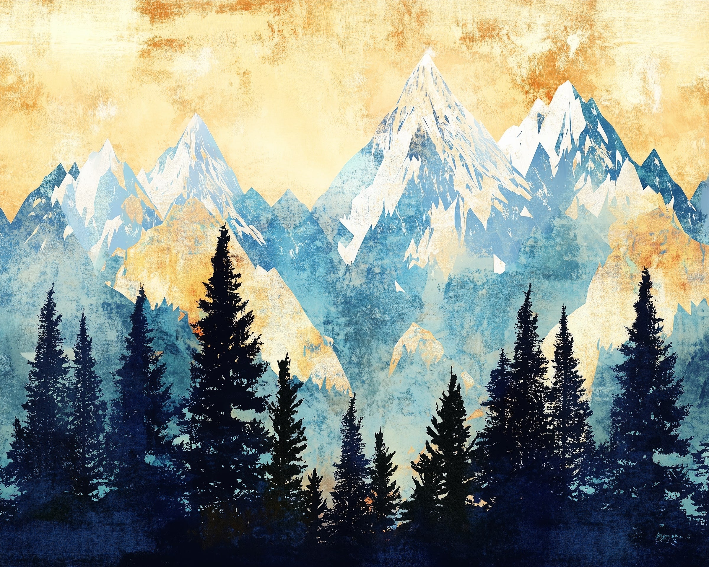 Mountain Wall Art for Nursery, Playroom or Kids Bedrooms - Serene Blue and Gold Peaks with Pine Tree Silhouettes- Majestic Peaks