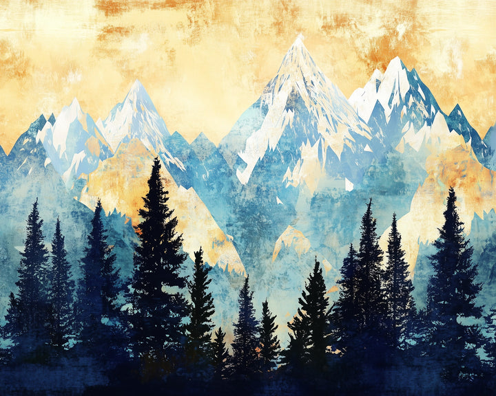 A stylized landscape painting features a range of towering, snow-capped mountains in shades of blue and white against a warm, golden sky. Silhouetted evergreen trees stand in the foreground, creating a striking contrast with the vibrant backdrop.