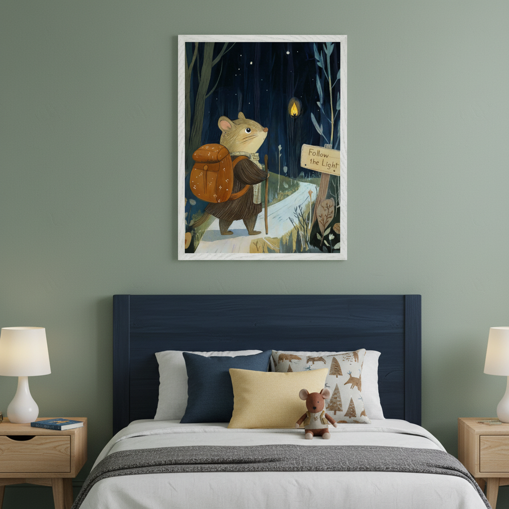 Kid's bedroom with a dark blue bed and headboard. A framed illustration of a mouse with a backpack walking in a dark forest at night, with a sign saying "Follow the Light", hangs centered above the bed.