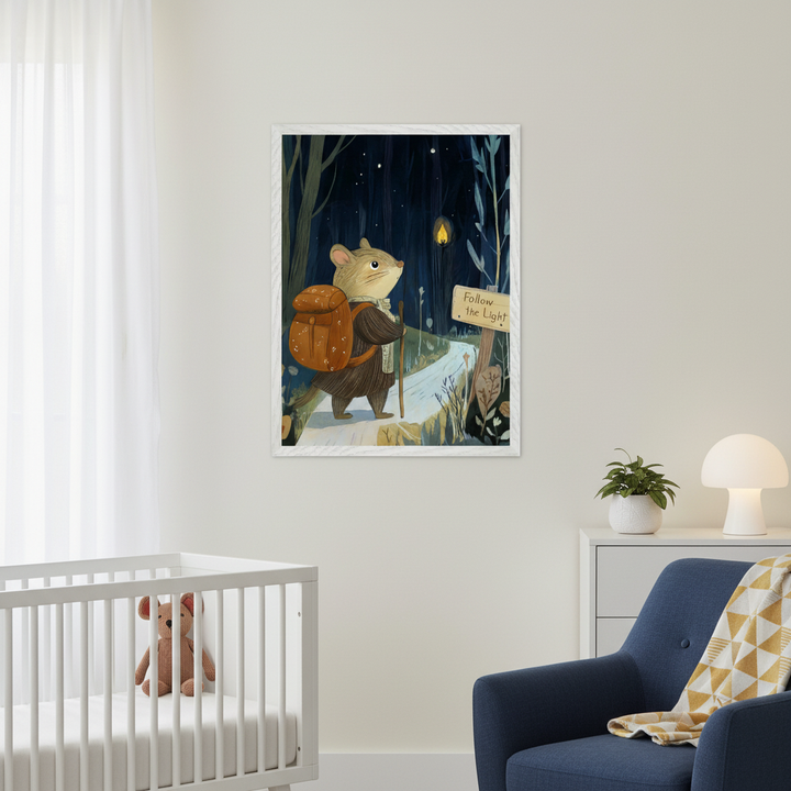 Modern nursery with a white crib and blue armchair. A framed painting of a mouse with a backpack and walking stick walking on a snowy path at night towards a lantern and a "Follow the Light" sign hangs above a white dresser.
