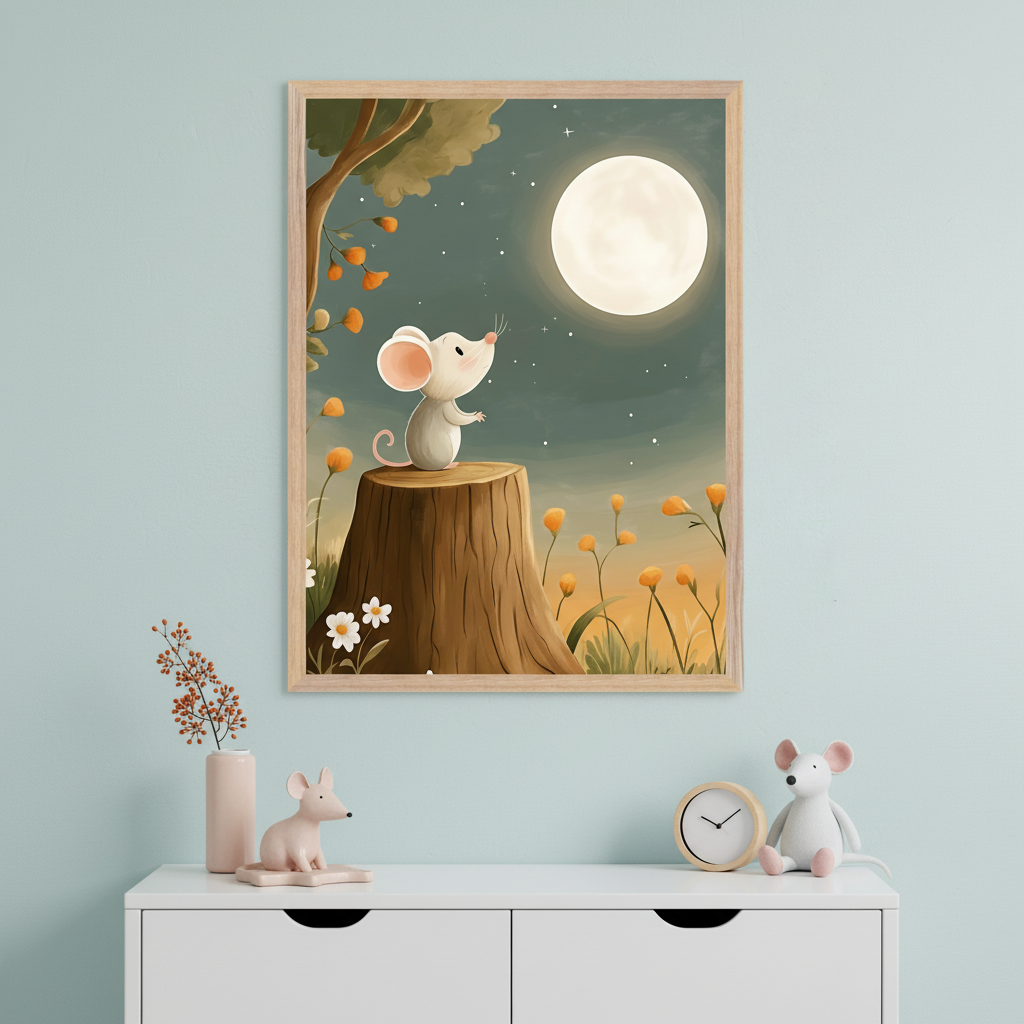 Contemporary room with a light wood dresser. A framed watercolor-style print of a white mouse on a tree stump looking up at a full moon in a starry night hangs above the dresser. A small yellow flower and striped blanket are on the dresser.