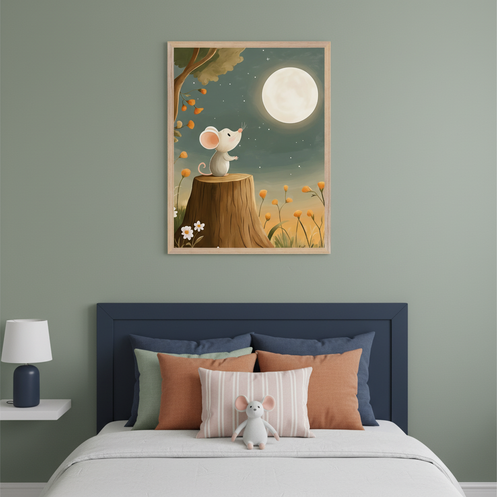 Kid's bedroom with a dark blue bed, white bedding, and a nightstand with a lamp on the left. A framed watercolor illustration of a white mouse on a tree stump gazing at a full moon in a starry night sky hangs centered above the bed.