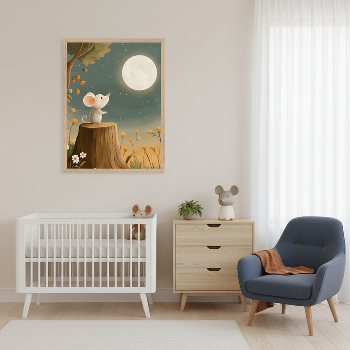 Modern nursery with a white crib, light wood dresser, and blue armchair. A framed watercolor-style print above the crib shows a white mouse on a tree stump under a full moon with stars and flowers.