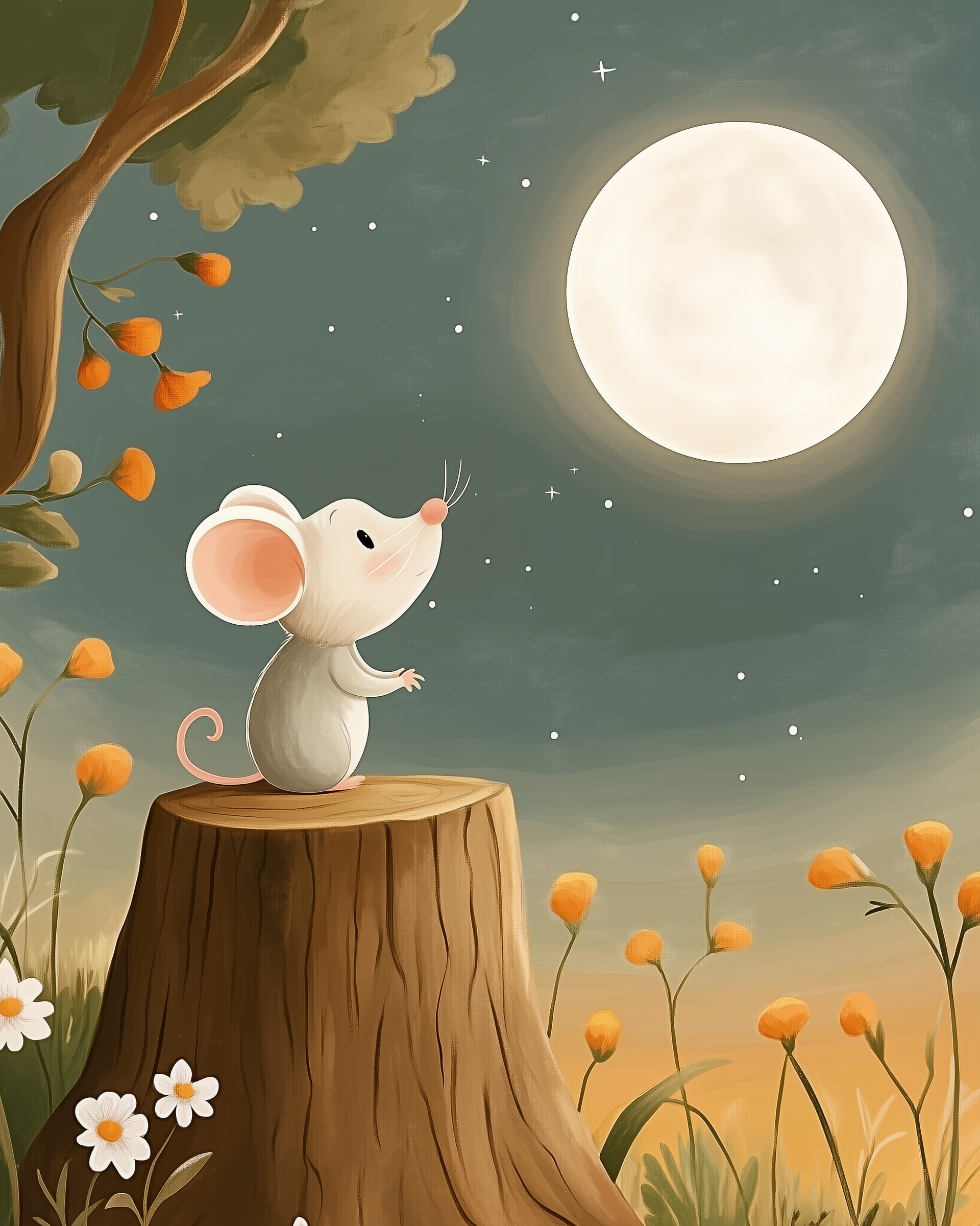 A cute mouse sits on a tree stump, gazing up at a bright full moon in a starry night sky. Surrounding it are blooming yellow flowers and daisies, creating a whimsical and serene scene.