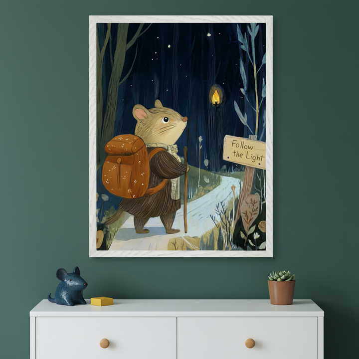 An enchanting illustration of a mouse wearing a backpack, walking through a dark forest path. The mouse holds a walking stick and gazes toward a lantern glowing in the distance. A wooden sign by the path reads "Follow the Light." The forest is filled with tall, bare trees, and the sky is filled with twinkling stars. The artwork is framed in a light wood frame and hangs on a dark green wall. On the shelf beneath the frame, there is a small mouse figurine, a yellow block, and a potted plant.