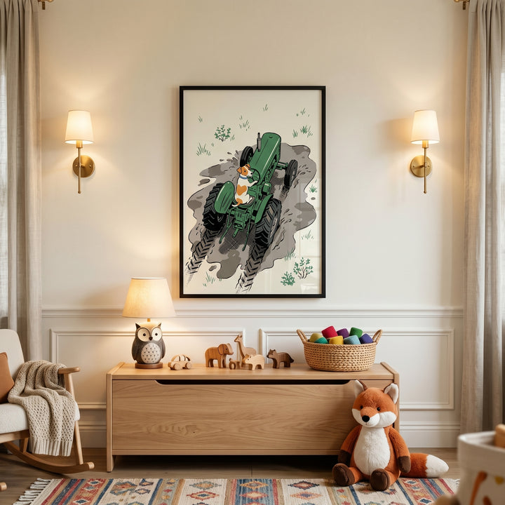 Muddy green tractor dog wall art hangs in a nursery above a wooden toy chest with an owl lamp and a stuffed fox.