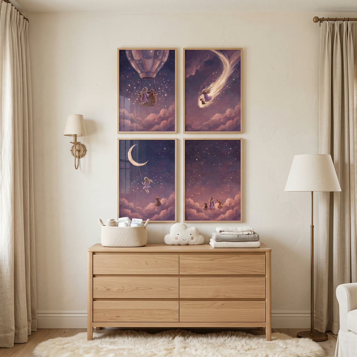 Mulberry Sky Girl Dog Wall Art Set of 4 - Celestial Sky Adventures
