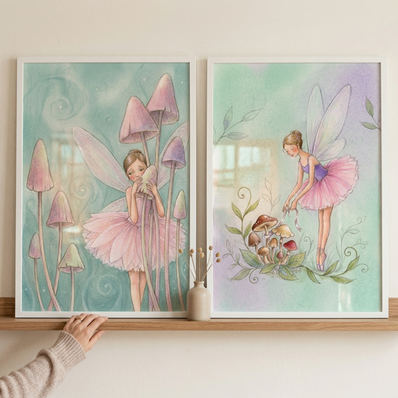 Two framed illustrations on a wooden shelf feature winged figures in pink tutus. In the left frame, a figure stands among tall, slender mushrooms with pink caps against a swirling teal background. In the right frame, a figure in a purple bodice and pink tutu poses gracefully over a cluster of small mushrooms. The background is a soft wash of green and purple. A small vase with dried flowers sits between the frames, and a hand in a light sweater touches the bottom of the left frame.