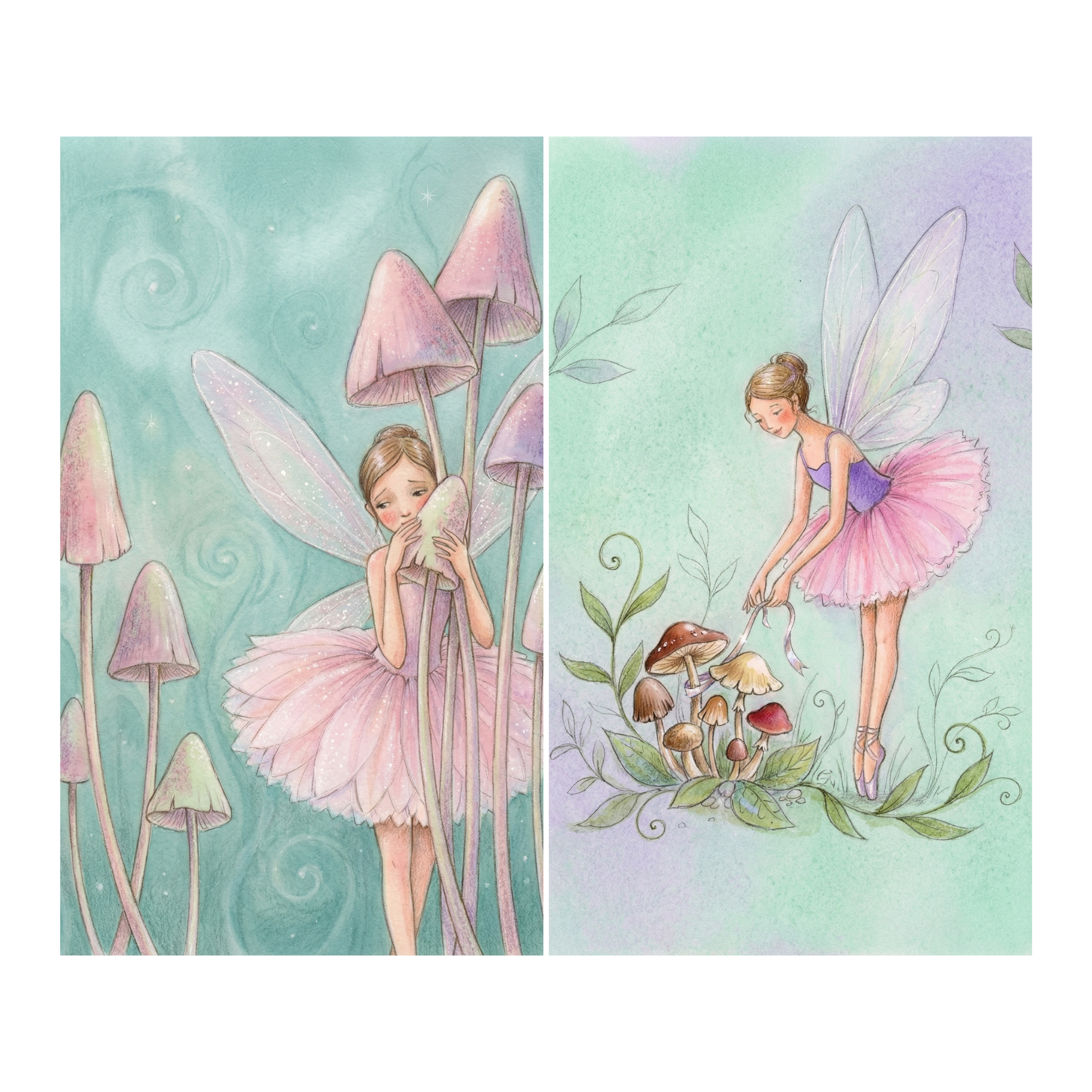 Soft watercolor diptych of a tiny winged fairy in a pale pink petal dress among tall pastel mushrooms. In the left panel she holds one mushroom close to her face while standing between slender stems and in the right panel she stands on pointe tying a ribbon around a cluster of woodland mushrooms. Mint green and lavender washes with curling vines give the artwork a gentle enchanted forest feel.
